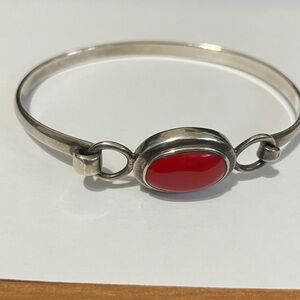 Chic Silver Express Bracelet with Vibrant Red Coral Accent
